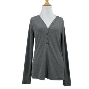 Athleta Top Womens M Medium Grey Uptempo Ribbed Knit Henley V Neck Long Sleeve